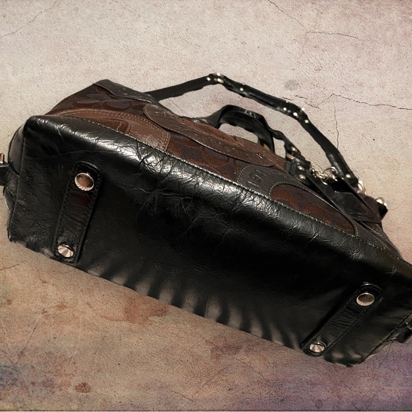 COACH Ashley 15474 Patchwork Shoulder Bag 13”x9”x4” Inside pockets. BlackBrn EUC - Picture 3 of 15